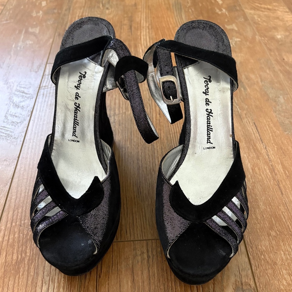 Terry De Havilland CLASSIC Black Suede  and Silver MARGAU wedge sandal Size 41
